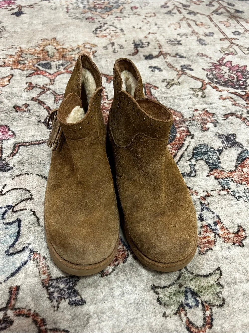 UGG Chestnut Suede Fringe Shearling Ankle Boots